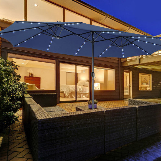 15 Feet Twin Patio Umbrella with 48 Solar LED Lights-Navy