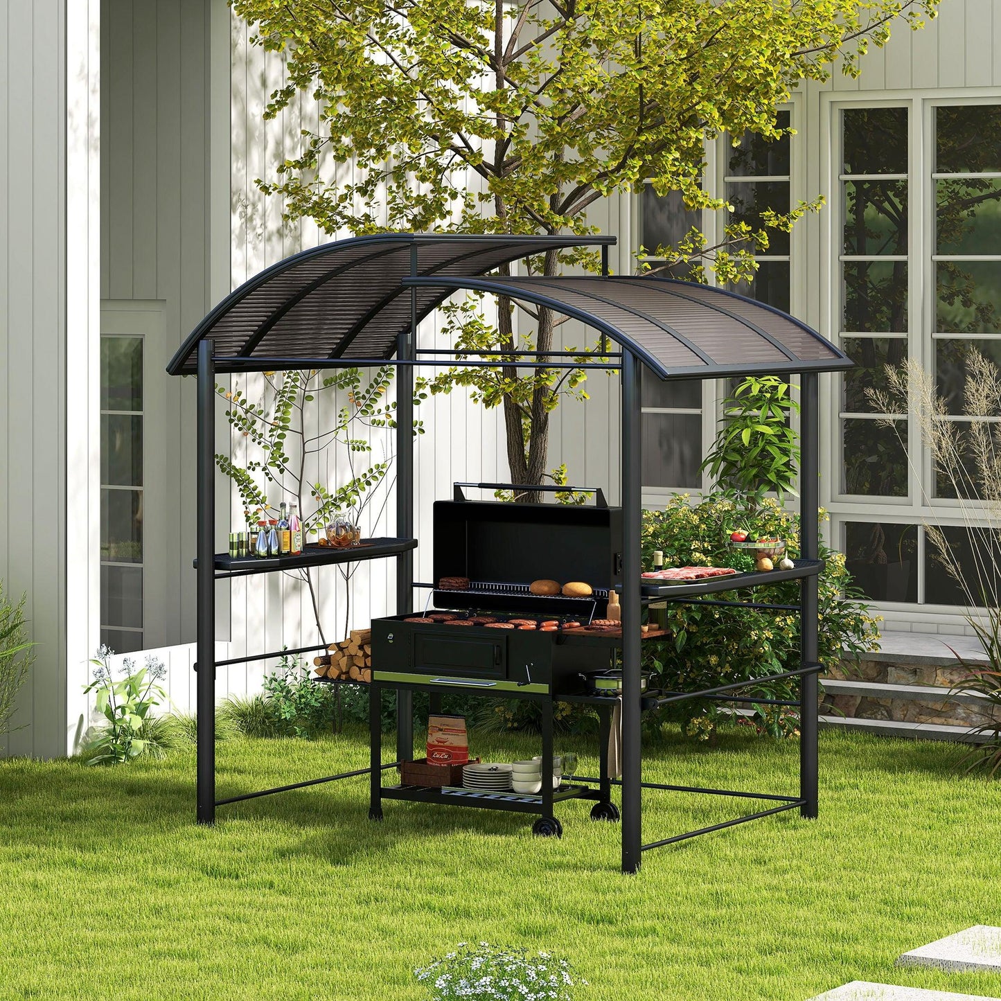 Outsunny 8' x 5' Outdoor Grill Gazebo Canopy Shelter with Vented PC Roof, Side Shleves