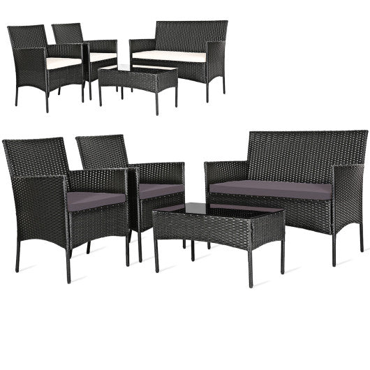  - 4 Pieces Patio Rattan Cushioned Sofa Set with Tempered Glass Coffee Table - Outdoor Style Company