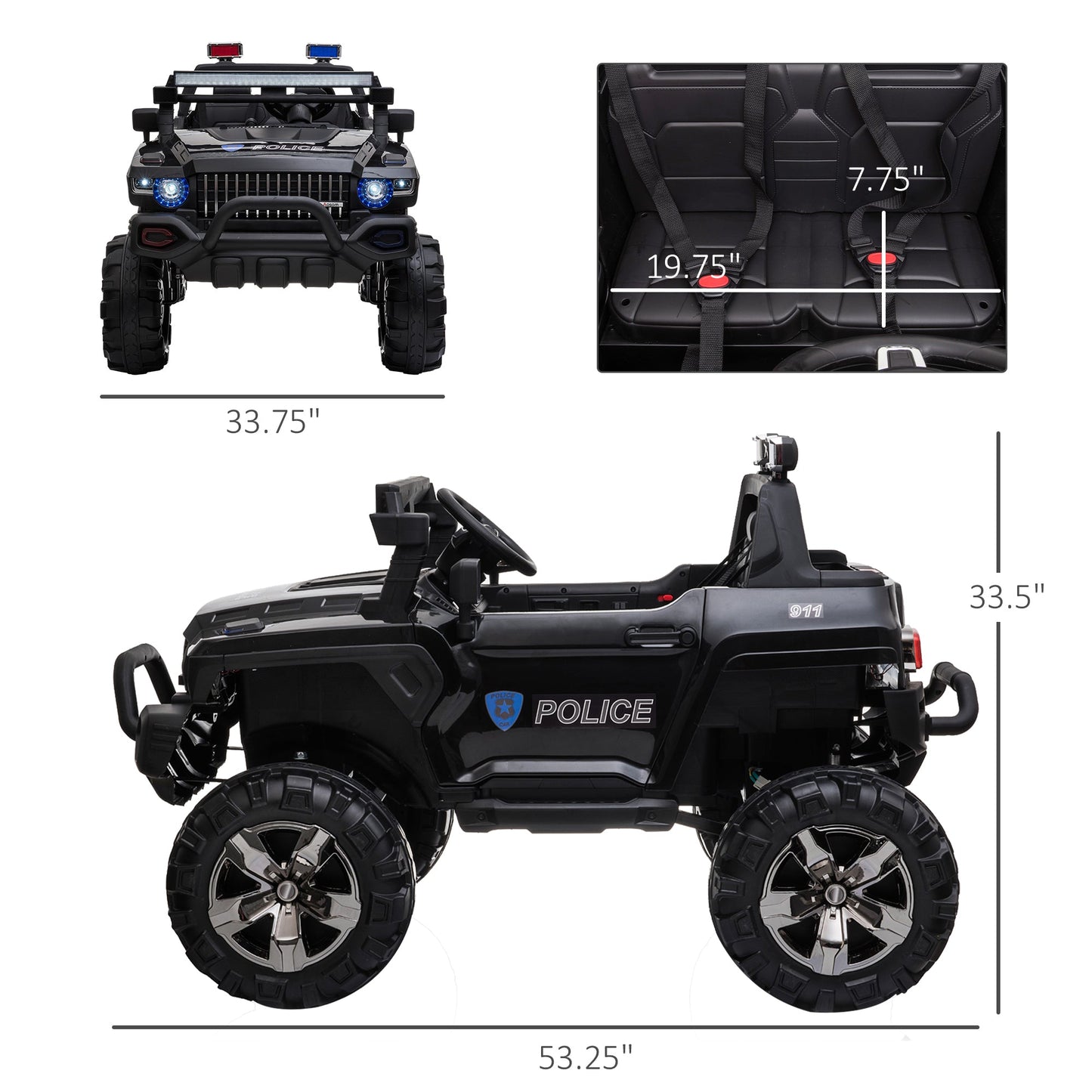 -Aosom 12V Kids Electric 2-Seater Ride On Police Car SUV Truck Toy with Parental Remote Control Black - Outdoor Style Company