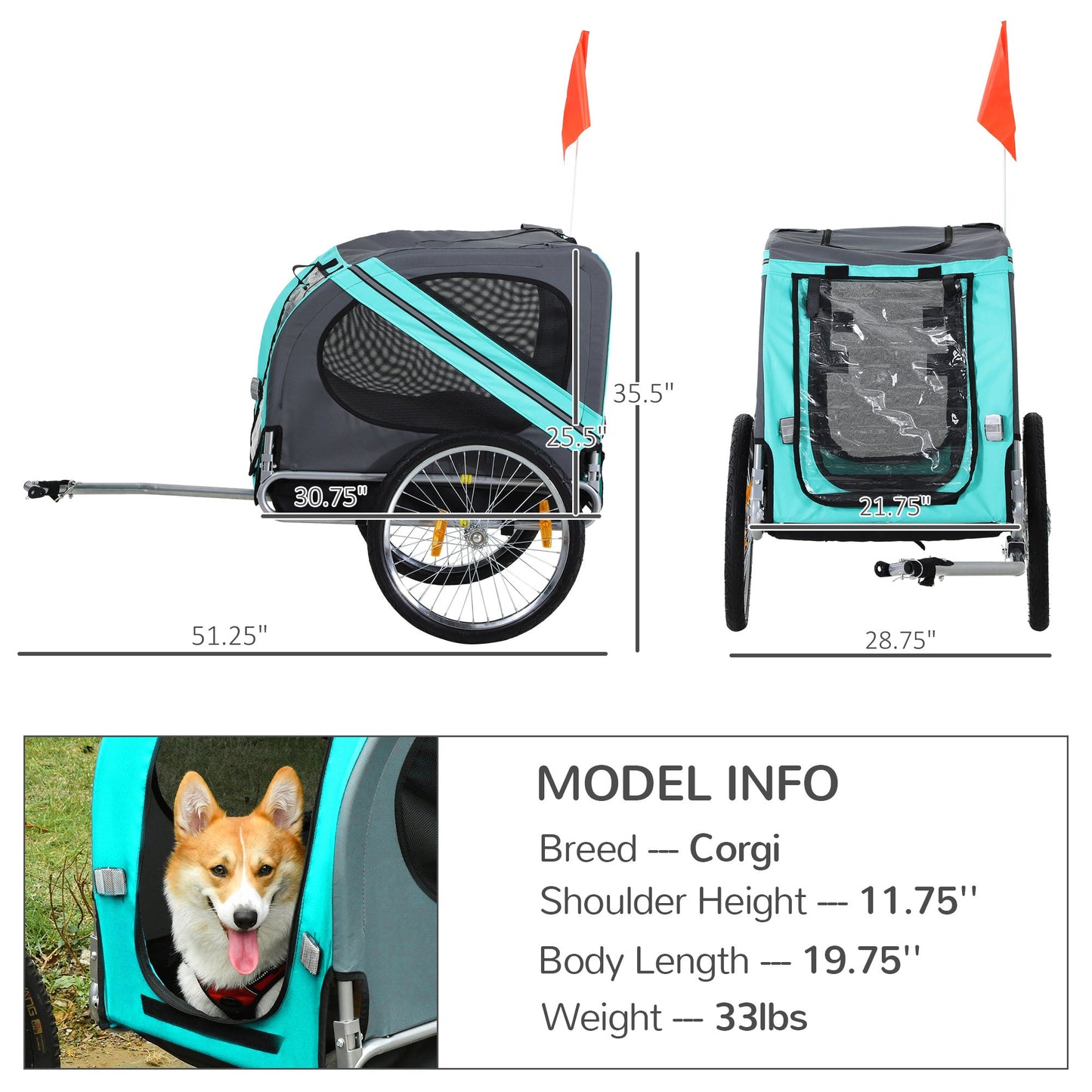 -Aosom Bike Trailer Cargo Cart for Dogs and Pets with 3 Entrances Large Wheels for Off-Road & Mesh Screen, Blue/Grey - Outdoor Style Company