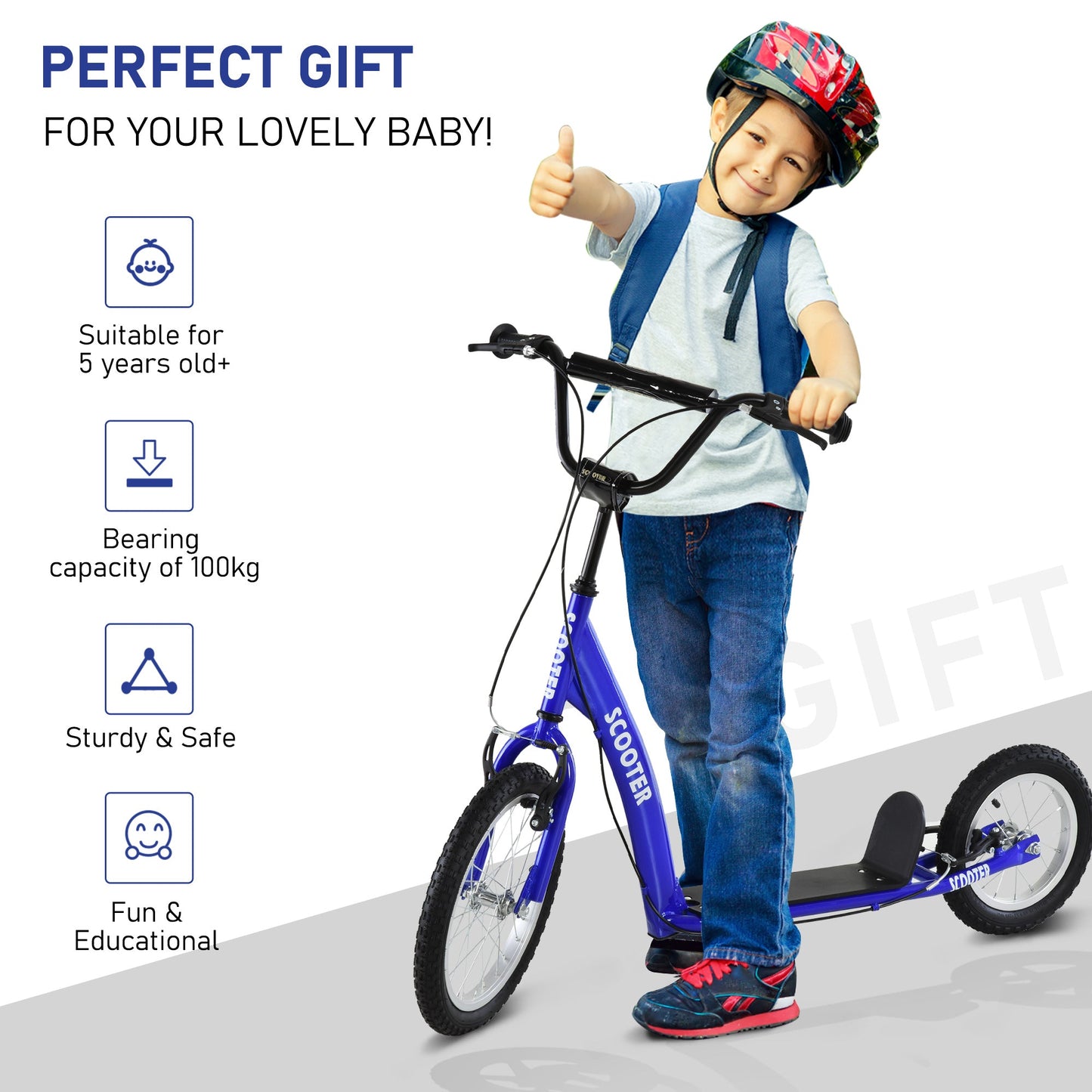 -Aosom Kick Scooter, Kids Ride On Toys for 5+ with Adjustable Handlebar, Front and Rear Dual Brakes & Inflatable Wheels, Blue - Outdoor Style Company