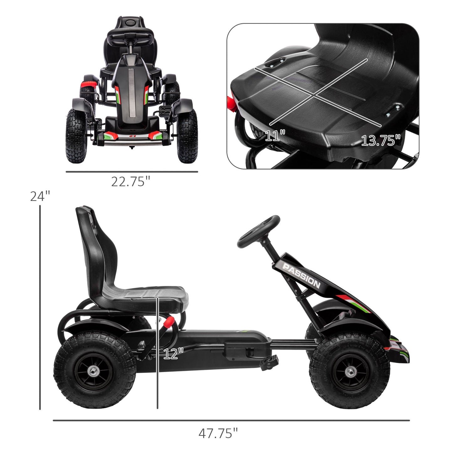 -Aosom Kids Pedal Go Kart, Outdoor Ride on Toys with Adjustable Seat, Handling, Handbrake & 4 Non-Slip Wheels for Boys Girls, 5-12 Years Old, Black - Outdoor Style Company
