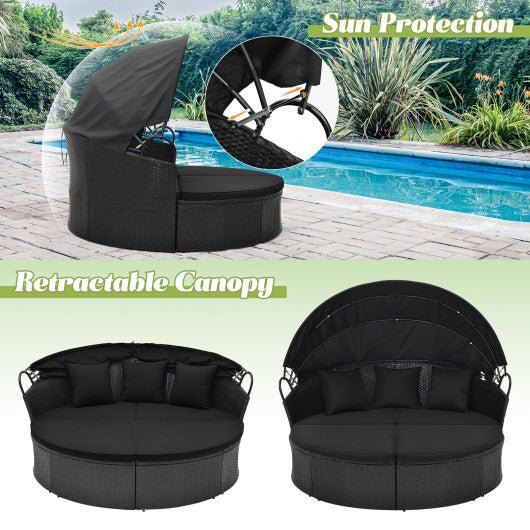  - Clamshell Patio Round Daybed Wicker with Retractable Canopy and Pillows - Outdoor Style Company