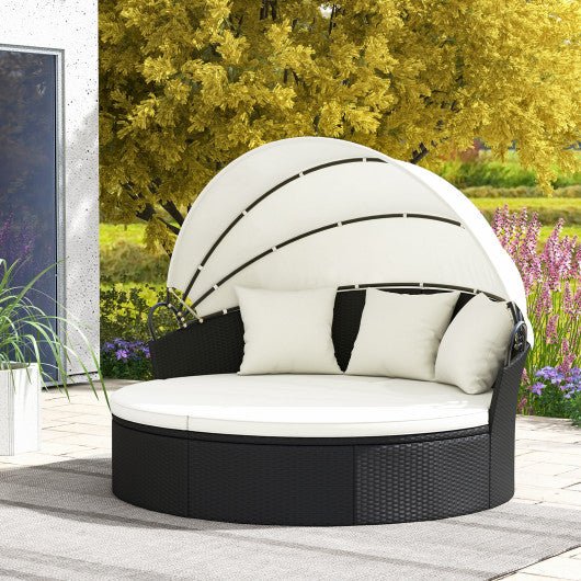  - Clamshell Patio Round Daybed Wicker with Retractable Canopy and Pillows - Outdoor Style Company