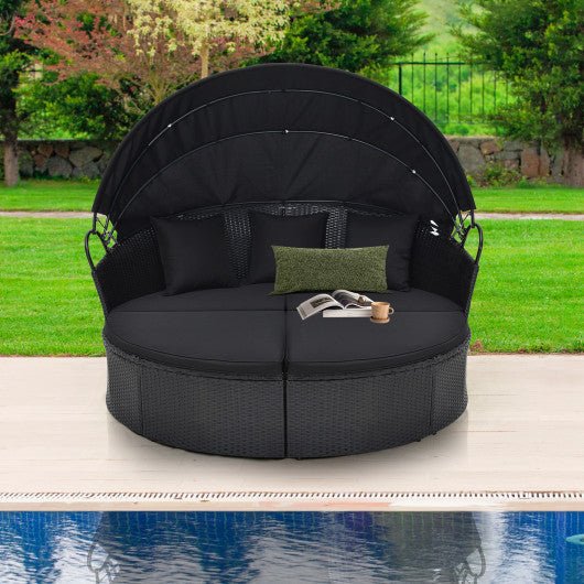  - Clamshell Patio Round Daybed Wicker with Retractable Canopy and Pillows - Outdoor Style Company