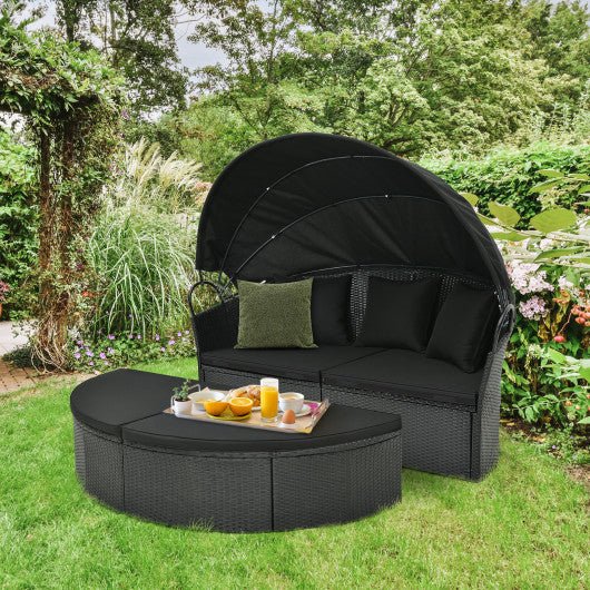  - Clamshell Patio Round Daybed Wicker with Retractable Canopy and Pillows - Black - Outdoor Style Company