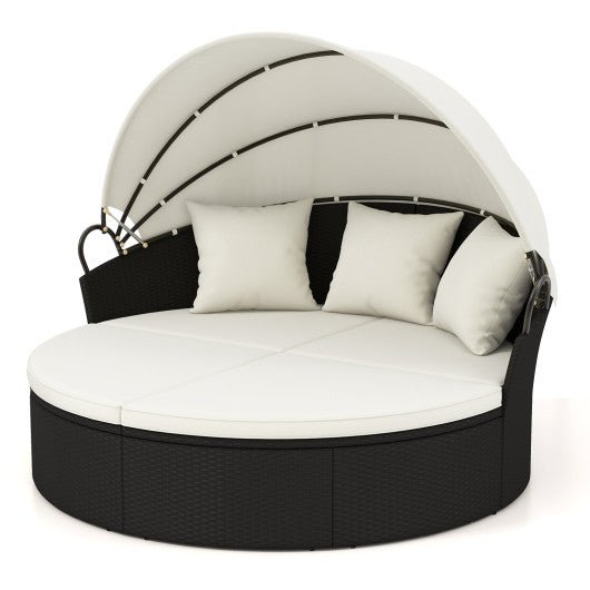  - Clamshell Patio Round Daybed Wicker with Retractable Canopy and Pillows - Off White - Outdoor Style Company