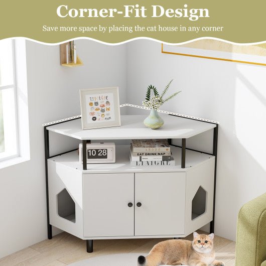  - Corner Cat Litter Box Enclosure with Open Shelf 2 Entrances and Metal Legs - Outdoor Style Company