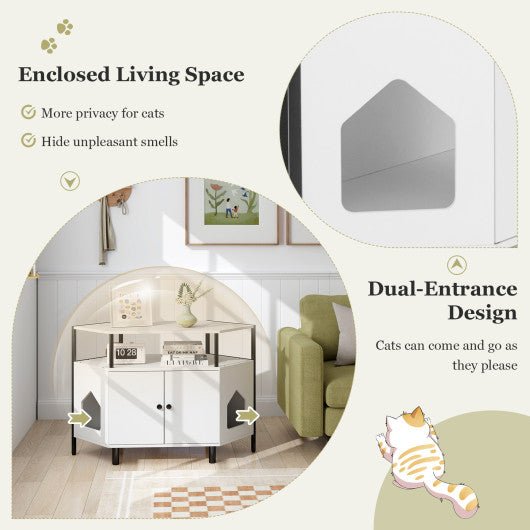  - Corner Cat Litter Box Enclosure with Open Shelf 2 Entrances and Metal Legs - Outdoor Style Company