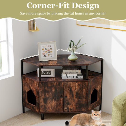  - Corner Cat Litter Box Enclosure with Open Shelf 2 Entrances and Metal Legs - Outdoor Style Company