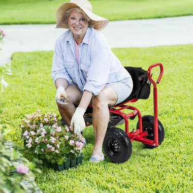  - Cushioned Rolling Garden Cart Scooter with Storage Basket and Tool Pouch - Black & Red - Outdoor Style Company