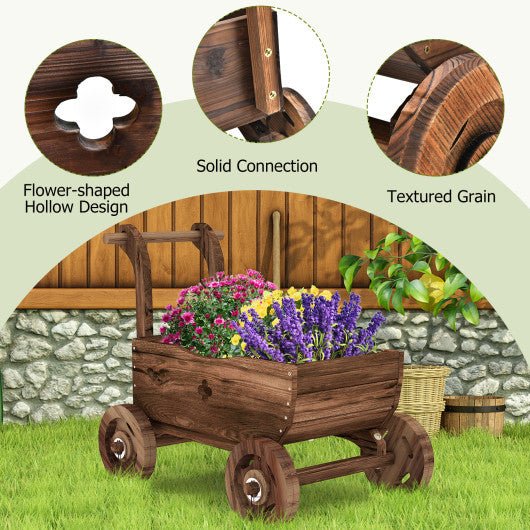  - Decorative Wooden Wagon Cart with Handle Wheels and Drainage Hole - Rustic Brown - Outdoor Style Company