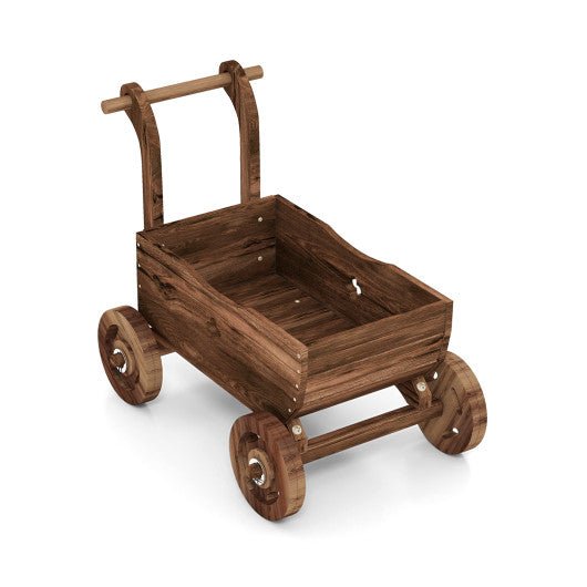  - Decorative Wooden Wagon Cart with Handle Wheels and Drainage Hole - Rustic Brown - Outdoor Style Company