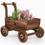  - Decorative Wooden Wagon Cart with Handle Wheels and Drainage Hole - Rustic Brown - Outdoor Style Company