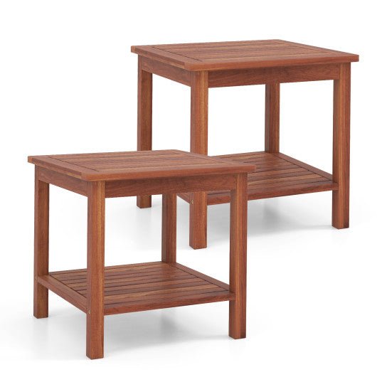  - Double - Tier Acacia Wood Patio Side Table with Slatted Tabletop and Shelf - Outdoor Style Company