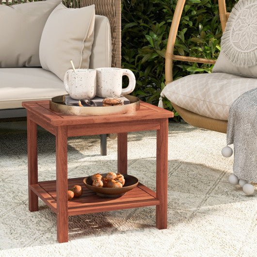  - Double - Tier Acacia Wood Patio Side Table with Slatted Tabletop and Shelf - Outdoor Style Company