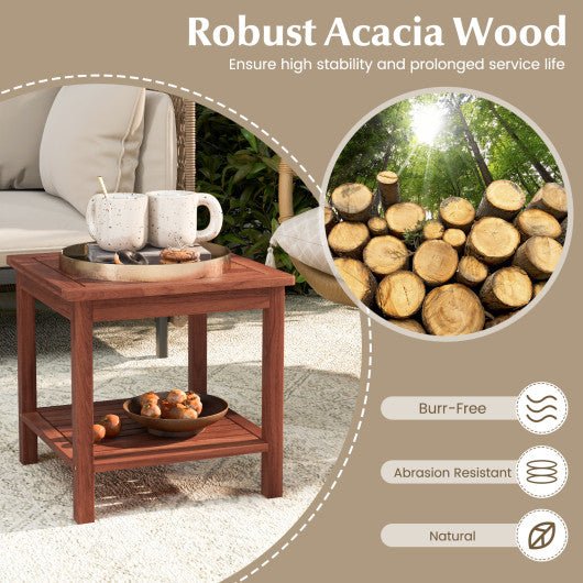  - Double - Tier Acacia Wood Patio Side Table with Slatted Tabletop and Shelf - Outdoor Style Company