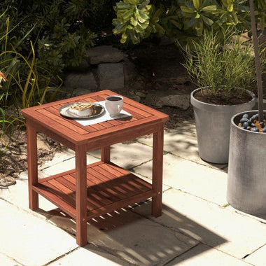  - Double - Tier Acacia Wood Patio Side Table with Slatted Tabletop and Shelf - Outdoor Style Company