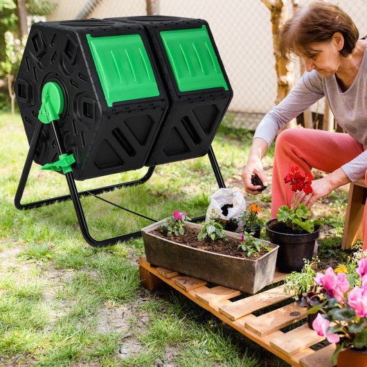  - Dual Chamber Garden Compost Tumbler with Sliding Doors - Black & Green - Outdoor Style Company