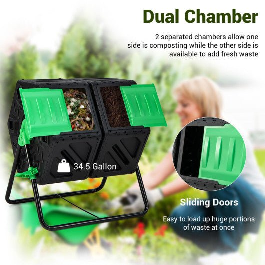  - Dual Chamber Garden Compost Tumbler with Sliding Doors - Black & Green - Outdoor Style Company