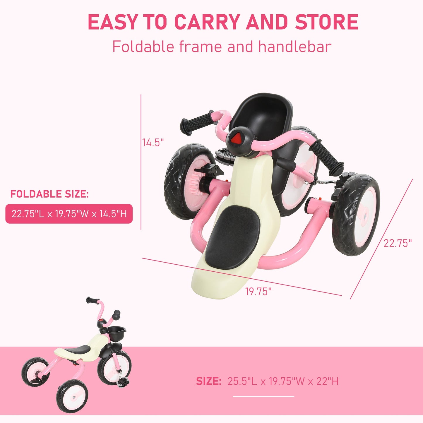 AOSOM-Foldable Kids Tricycle for 3-5 Years old Toddler Tricycle for Kids 3 Wheel Toddler Bike Walking Tricycle for Boys Girls Pink - Outdoor Style Company
