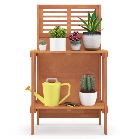  - Folding Garden Potting Bench with 2 - tier Storage Shelves and Teak Oil Finish for Garden Yard Balcony - Outdoor Style Company