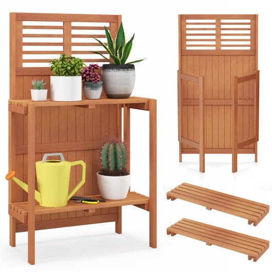  - Folding Garden Potting Bench with 2 - tier Storage Shelves and Teak Oil Finish for Garden Yard Balcony - Outdoor Style Company