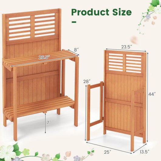  - Folding Garden Potting Bench with 2 - tier Storage Shelves and Teak Oil Finish for Garden Yard Balcony - Outdoor Style Company