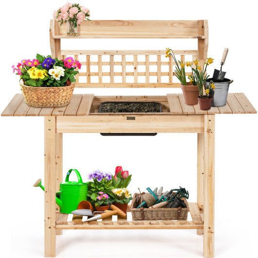  - Garden Potting Bench Workstation Table with Sliding Tabletop Sink Shelves - Outdoor Style Company