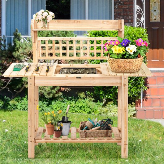  - Garden Potting Bench Workstation Table with Sliding Tabletop Sink Shelves - Outdoor Style Company