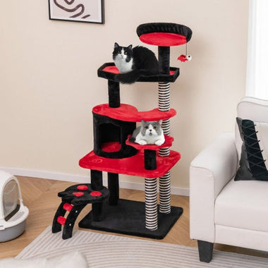  - Gothic Cat Tree with Cat Bed Cat Condo and Sisal Scratching Post - Black & Red - Outdoor Style Company