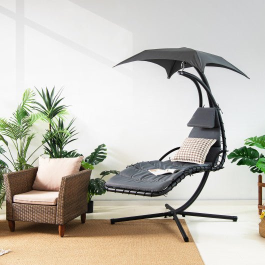  - Hanging Curved Steel Swing Chaise Lounger with Removable Canopy - Outdoor Style Company