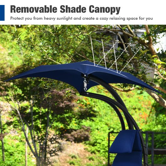  - Hanging Curved Steel Swing Chaise Lounger with Removable Canopy - Outdoor Style Company