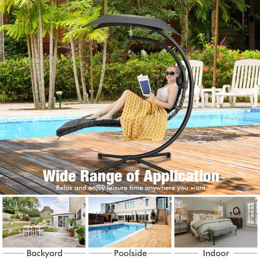  - Hanging Curved Steel Swing Chaise Lounger with Removable Canopy - Outdoor Style Company