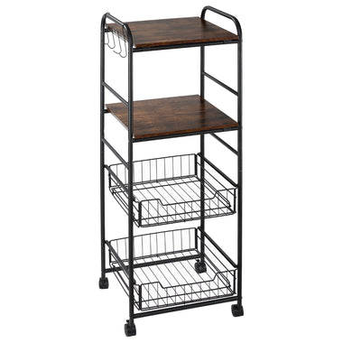 -HOMCOM 16" 4-Tier Rolling Kitchen Cart, Utility Storage Trolley with 2 Basket Drawers, Side Hooks for Dining Room and Kitchen, Brown - Outdoor Style Company