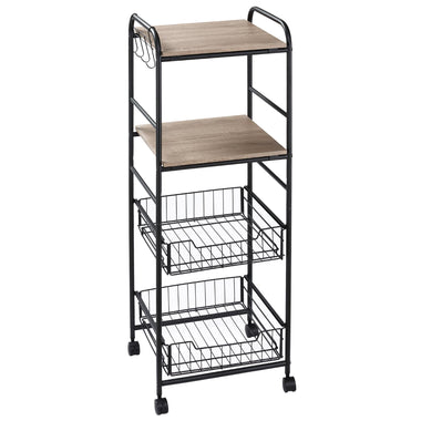 -HOMCOM 16" 4-Tier Rolling Kitchen Cart, Utility Storage Trolley with 2 Basket Drawers, Side Hooks for Dining Room and Kitchen, Oak - Outdoor Style Company