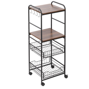 -HOMCOM 16" 4-Tier Rolling Kitchen Cart, Utility Storage Trolley with 2 Basket Drawers, Side Hooks for Dining Room and Kitchen, Walnut - Outdoor Style Company