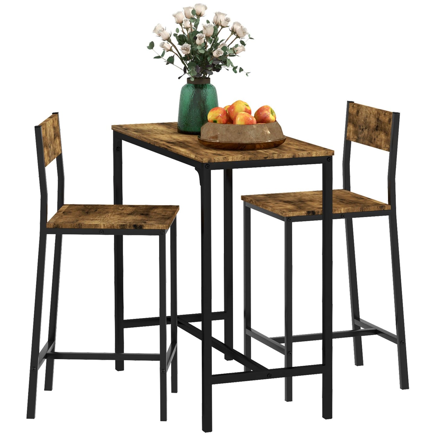 '-HOMCOM 3 Piece Pub Dining Sets, Industrial Dining Table Set for 2, Counter Height Kitchen Table with Bar Stools for Small Space, Rustic Brown - Outdoor Style Company