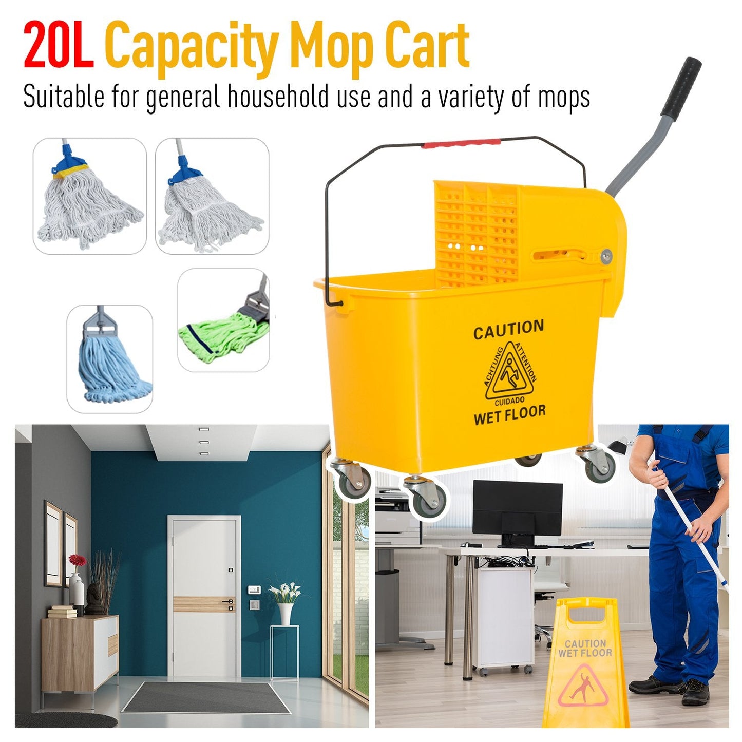 '-HOMCOM 5 Gallon Janitor Mop Bucket with Down Press Wringer, Mobile Heavy Duty Mop and Bucket Set with Anti-Slip Pressure Handle, Yellow - Outdoor Style Company