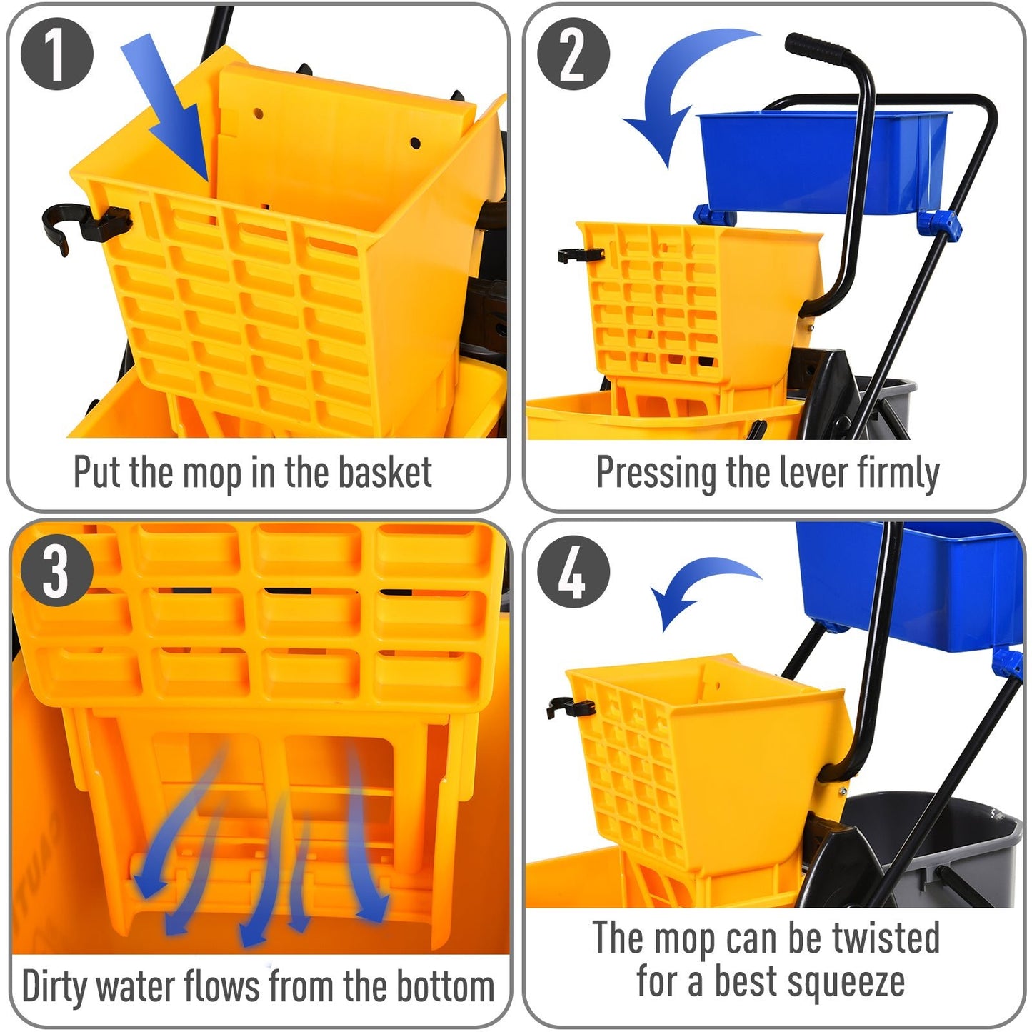 '-HOMCOM 6.9 Gallon Mop Water Bucket Wringer Cart with Easy to Use Side Press Wringer & Mop-Handle Holder, Smooth Wheels, Yellow/Black - Outdoor Style Company