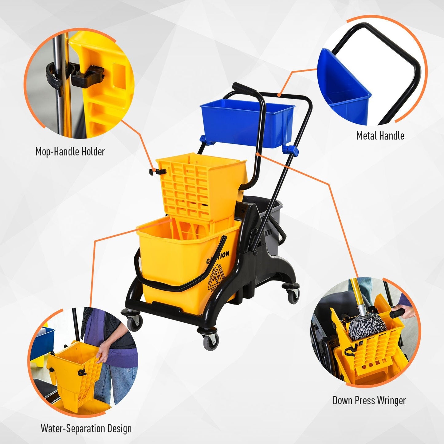 '-HOMCOM 6.9 Gallon Mop Water Bucket Wringer Cart with Easy to Use Side Press Wringer & Mop-Handle Holder, Smooth Wheels, Yellow/Black - Outdoor Style Company