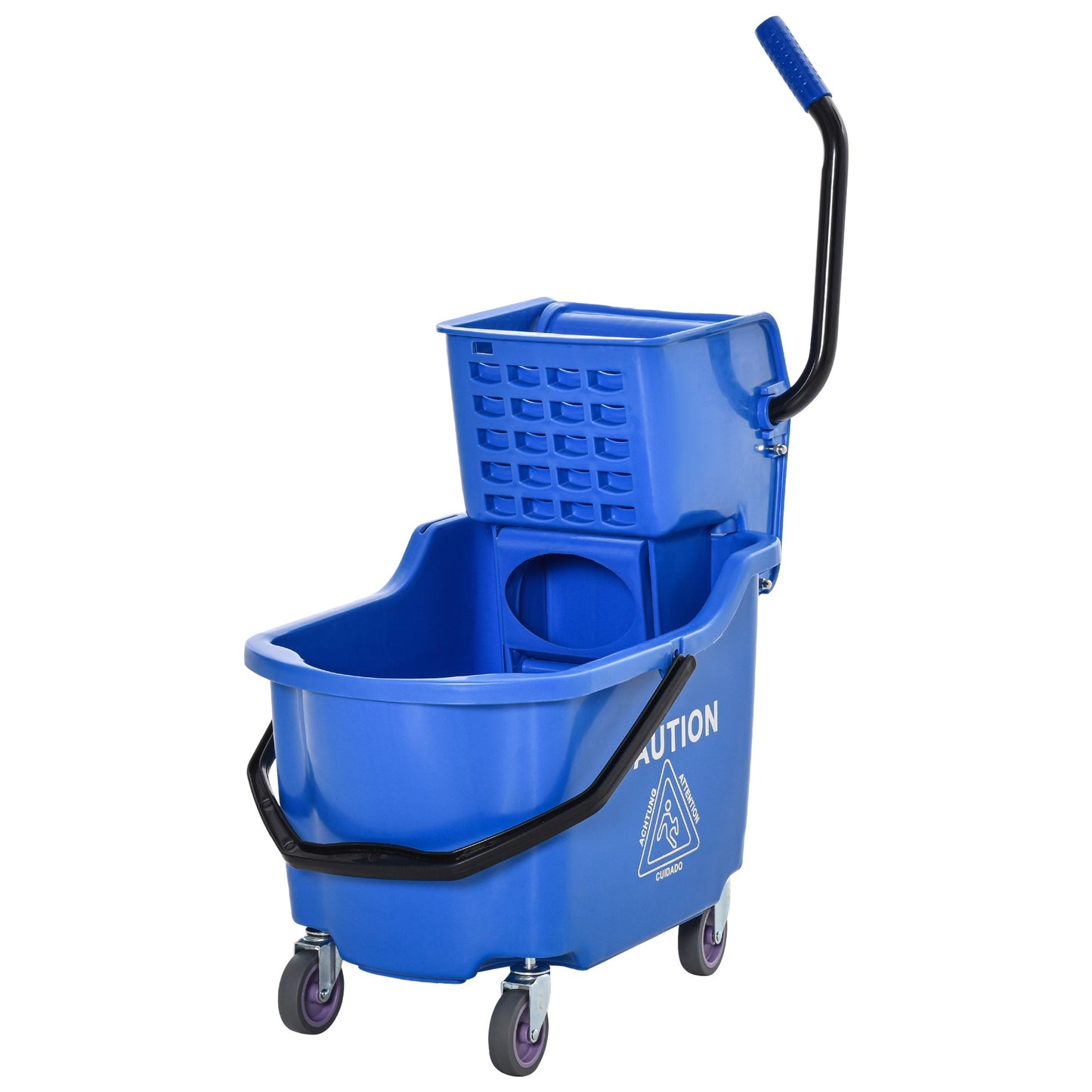 '-HOMCOM Commercial Mop Bucket With Side Press Wringer Cart on Wheels with Metal Handle, 34 Quart Capacity - Blue - Outdoor Style Company