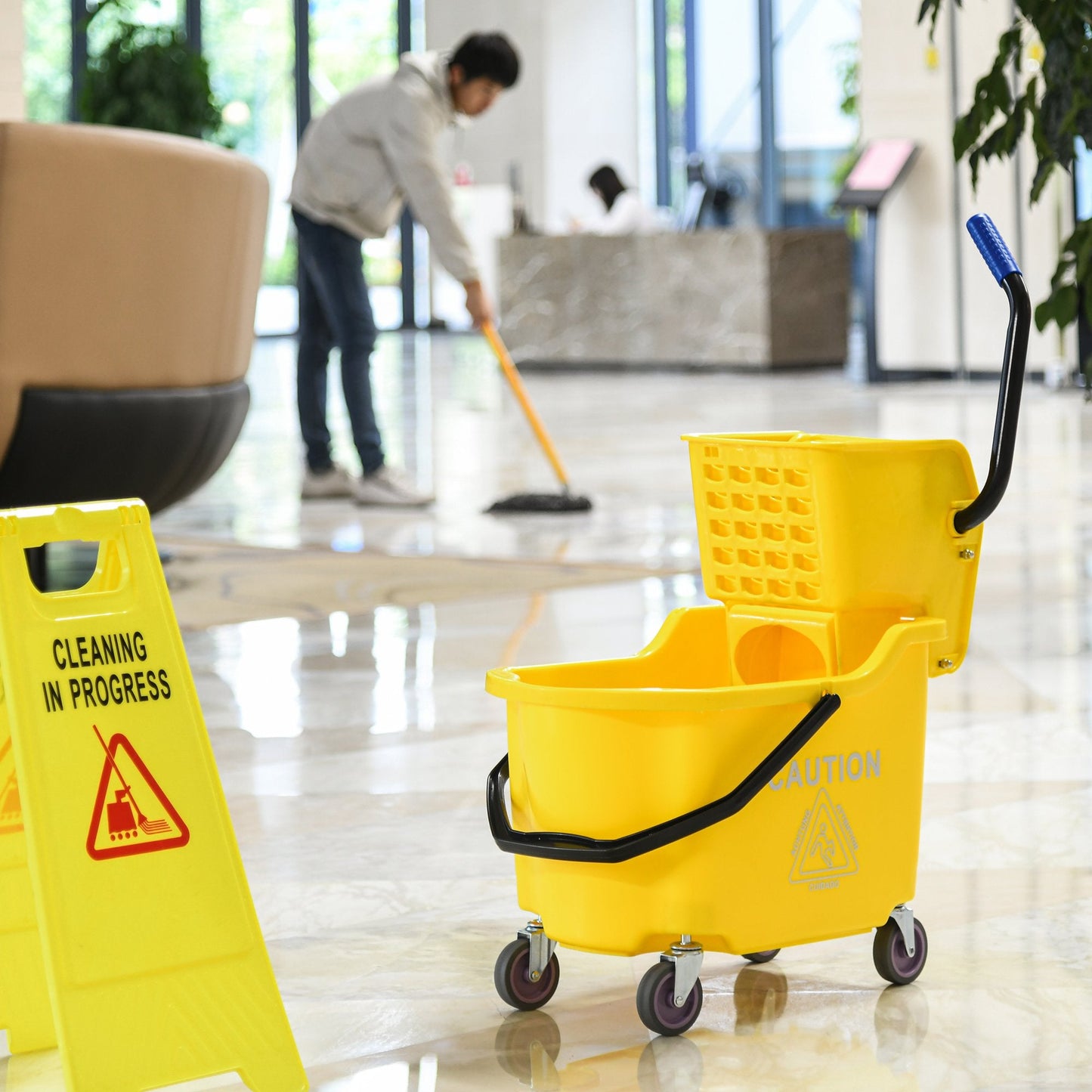 '-HOMCOM Commercial Mop Bucket With Side Press Wringer Cart on Wheels with Metal Handle, 34 Quart Capacity - Yellow - Outdoor Style Company