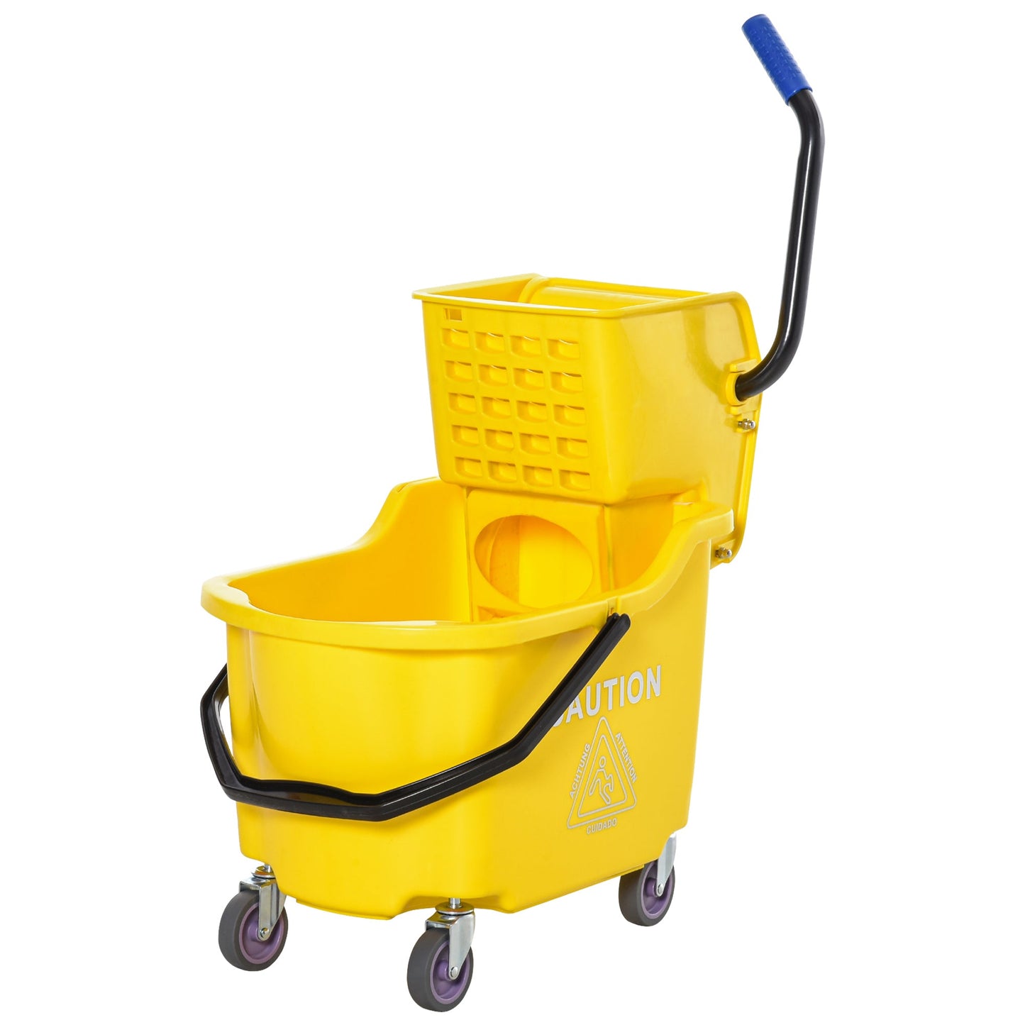 '-HOMCOM Commercial Mop Bucket With Side Press Wringer Cart on Wheels with Metal Handle, 34 Quart Capacity - Yellow - Outdoor Style Company