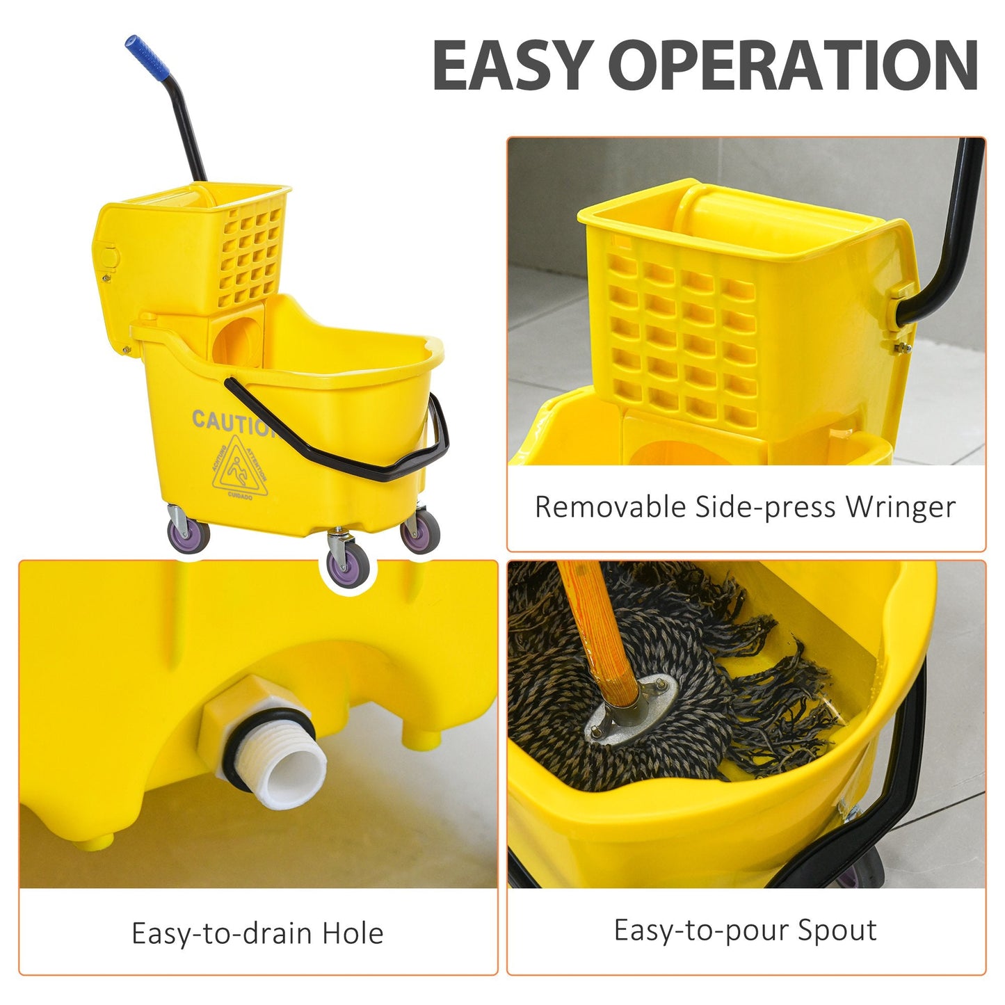 '-HOMCOM Commercial Mop Bucket With Side Press Wringer Cart on Wheels with Metal Handle, 34 Quart Capacity - Yellow - Outdoor Style Company