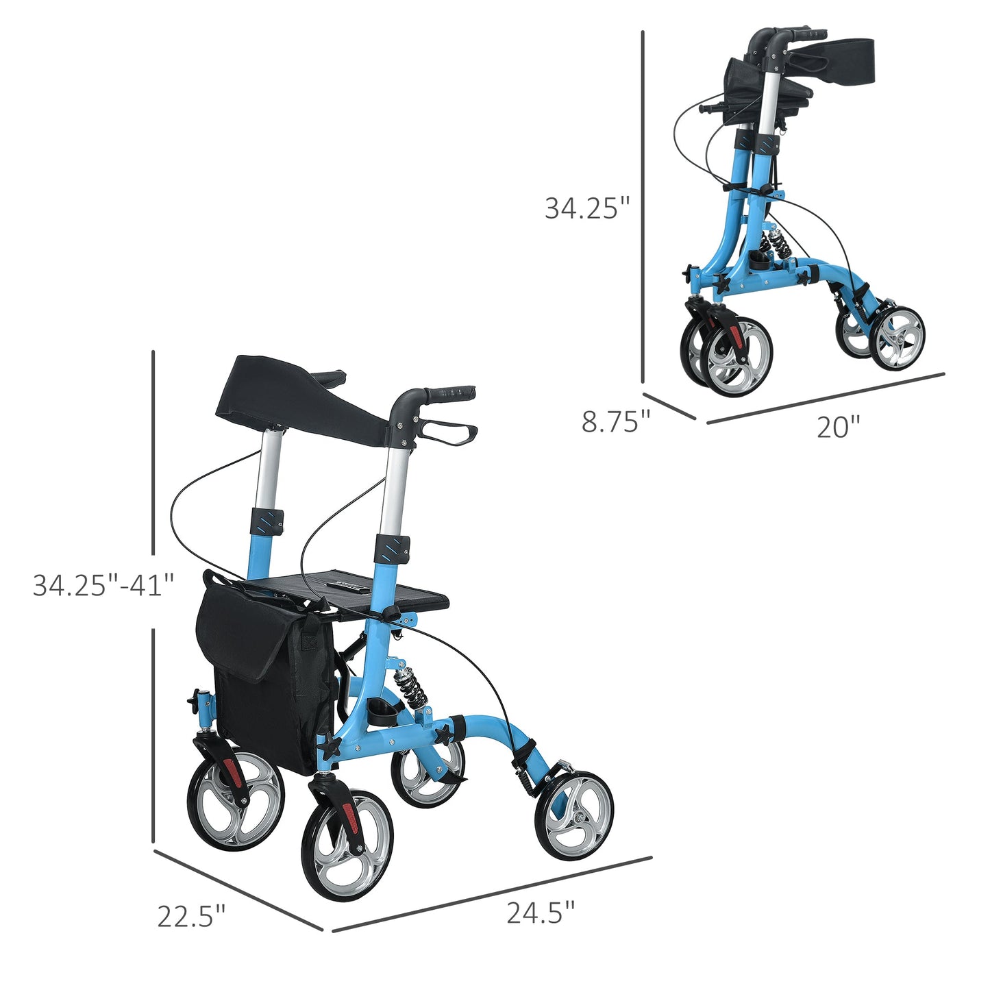 -HOMCOM Rollator Walker with Seat and Backrest, Height Adjustable Aluminum Rolling Walker, Lightweight Mobility Walking Aid for Seniors & Adults, Blue - Outdoor Style Company
