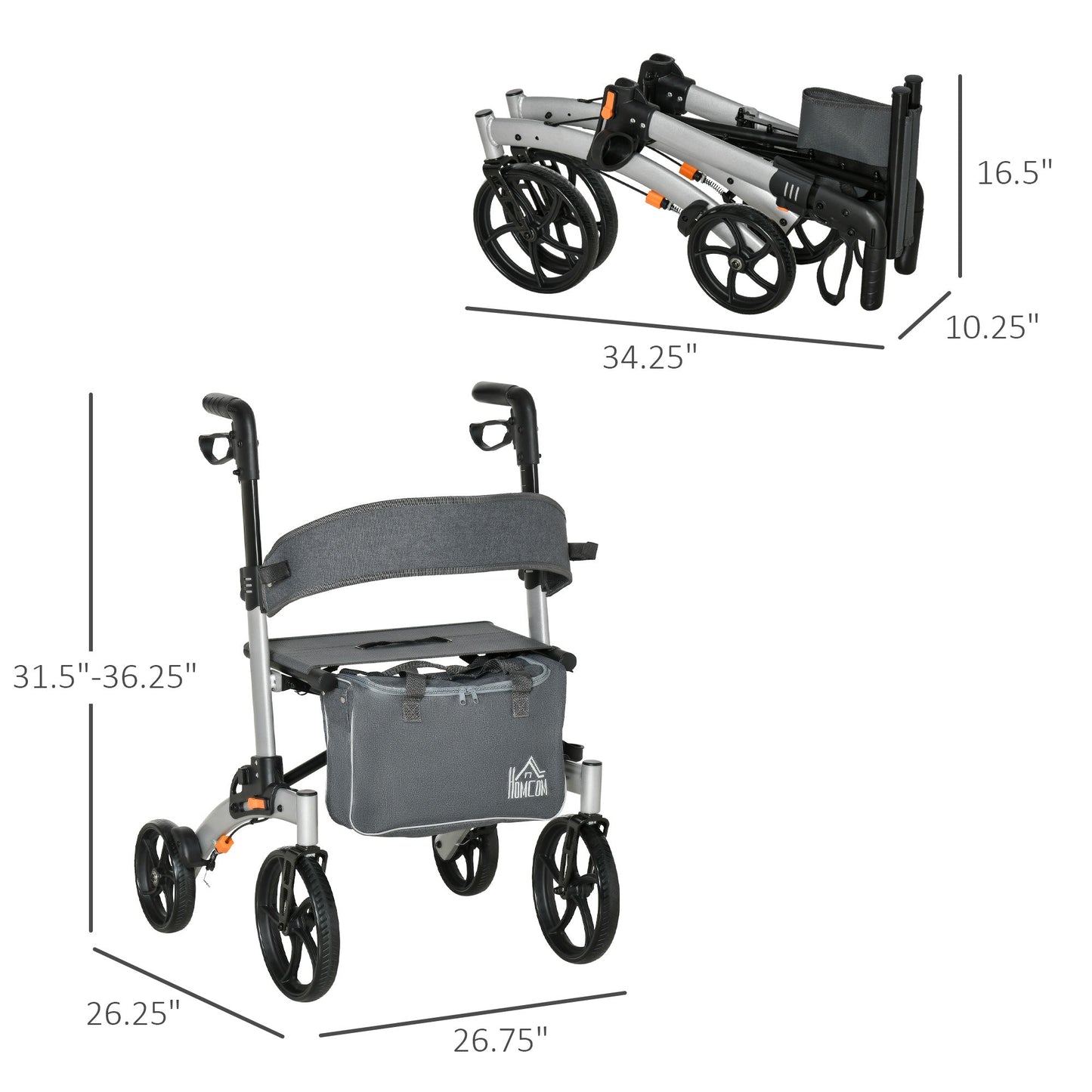 -HOMCOM Rollator Walker with Seat for Senior, Upright Walker with 10" PVC Wheels and Hand Brake, Aluminum Rollator with Storage Basket, Silver - Outdoor Style Company