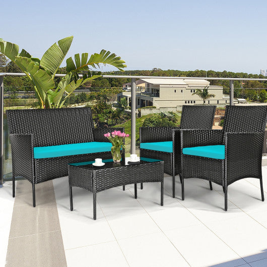  - 4 Pieces Patio Rattan Cushioned Sofa Set with Tempered Glass Coffee Table - Outdoor Style Company