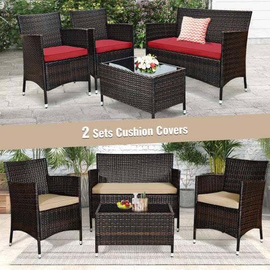 4 Pieces Comfortable Outdoor Rattan Sofa Set with Glass Coffee Table